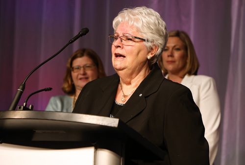 JASON HALSTEAD / WINNIPEG FREE PRESS  Marlene Bertrand receives the Eira 'Babs' Friesen Lifetime Achievement Award from YMCA-YWCA board chair Catherine Thiessen (left) and Rochelle Squires, Manitoba's Minister of minister of Sport, Culture and Heritage at the the 40th annual YMCA-YWCA Women of Distinction Awards Gala on May 4, 2016 at the RBC Convention Centre Winnipeg. The awards celebrate the talent, achievements, imagination and innovation of Manitoban women. Proceeds from the gala support programs that positively impact the lives of women, youth and children in Winnipeg.