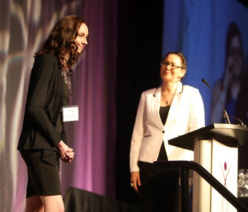 JASON HALSTEAD / WINNIPEG FREE PRESS  Tina Keeper (right) introduces nominees in the Young Women of Distinction category at the the 40th annual YMCA-YWCA Women of Distinction Awards Gala on May 4, 2016 at the RBC Convention Centre Winnipeg, including Jesslyn Janssen. The awards celebrate the talent, achievements, imagination and innovation of Manitoban women. Proceeds from the gala support programs that positively impact the lives of women, youth and children in Winnipeg.