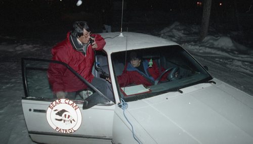 KEN GIGLIOTTI / WINNIPEG FREE PRESS FILES Tom Prince talks on radio during Bear Clan's Friday and Saturday night patrols in north end. 921218 - December 18, 1992