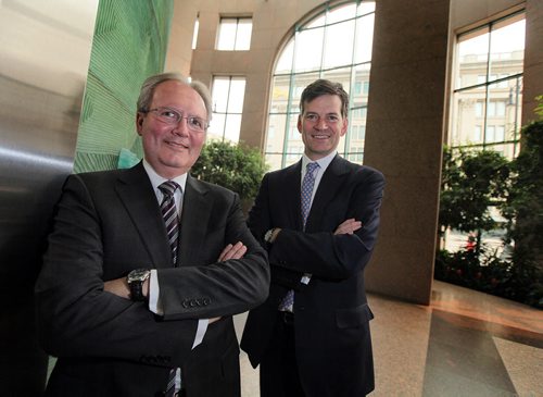 PHIL HOSSACK / WINNIPEG FREE PRESS - Murray Taylor (left) is the outgoing CEO of IG and Jeff Carney, is moving here from Boston here to take the reins. See Geoff Kirbyson's story. May 6, 2016