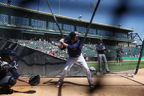 RUTH BONNEVILLE / WINNIPEG FREE PRESS  Goldeyes #3 Maikol Gonzalez in batting cage practicing his swing at the opening day training camp Saturday at Shaw Field.    May 07, , 2016