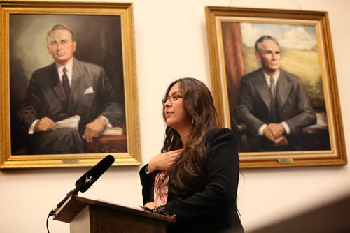 RUTH BONNEVILLE / WINNIPEG FREE PRESS  Judy Klassen (Kewatinook) shares a few words of thanks at the swearing in as one of the three Liberal MLA's Saturday at the Manitoba Legislative Building.   May 07, , 2016