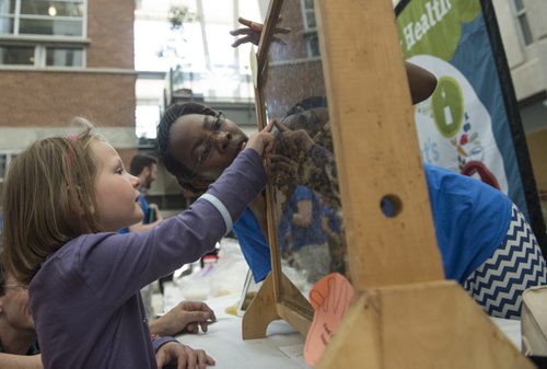 DAVID LIPNOWSKI / WINNIPEG FREE PRESS  Charlotte Wolfart learns about bees from soil science grad student Priscilla Wenyika during Science Rendezvous in the Engineering Atrium at the University of Manitoba Saturday, May 7, 2016.