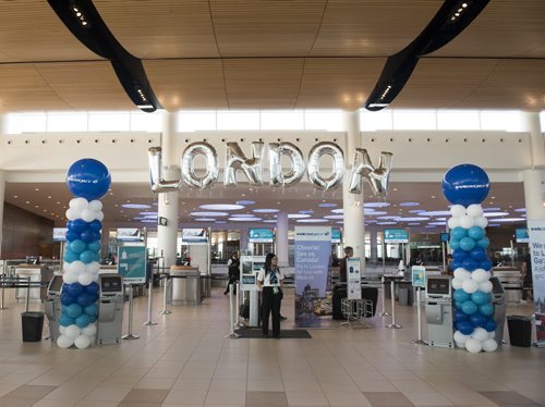 DAVID LIPNOWSKI / WINNIPEG FREE PRESS  WestJets inaugural flight from Winnipeg to London from Winnipeg Richardson International Airport Saturday, May 7, 2016.