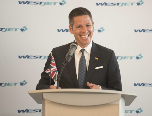 DAVID LIPNOWSKI / WINNIPEG FREE PRESS  Mayor Brian Bowman speaks prior to WestJets inaugural flight from Winnipeg to London from Winnipeg Richardson International Airport's gate 6 Saturday, May 7, 2016.