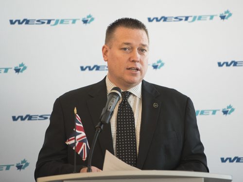 DAVID LIPNOWSKI / WINNIPEG FREE PRESS  Pascal Belanger, Vice President and Chief Commercial Officer, Winnipeg Airports Authority prior to WestJets inaugural flight from Winnipeg to London from Winnipeg Richardson International Airport's gate 6 Saturday, May 7, 2016.