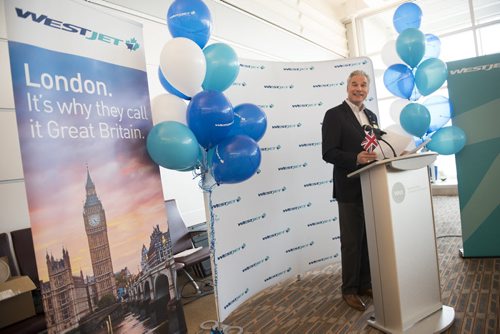 DAVID LIPNOWSKI / WINNIPEG FREE PRESS  Harry Taylor, Executive Vice President and Chief Financial Officer, WestJet, prior to WestJets inaugural flight from Winnipeg to London from Winnipeg Richardson International Airport's gate 6 Saturday, May 7, 2016.