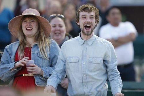 JOHN WOODS / WINNIPEG FREE PRESS Ashley Simms and Alek Taylor get excited when their horse leads into the final stretch on opening day at Assiniboin Downs  Sunday, May 8, 2016.