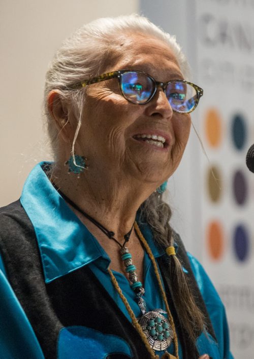 MIKE DEAL / WINNIPEG FREE PRESS Elder Mae Louise Campbell speaks during a roundtable discussion put together by the Institute for Canadian Citizenship for the people who were about to become new Canadians at the Canadian Museum for Human Rights Monday afternoon. 160509 - Monday, May 09, 2016