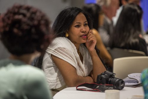 MIKE DEAL / WINNIPEG FREE PRESS Adhanet Zerehaimanot during a roundtable discussion put together by the Institute for Canadian Citizenship for the people who were about to become new Canadians at the Canadian Museum for Human Rights Monday afternoon. 160509 - Monday, May 09, 2016