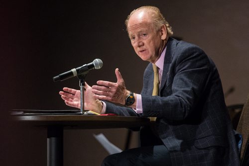 MIKE DEAL / WINNIPEG FREE PRESS John Ralston Saul talks during the citizenship ceremony at the Canadian Museum for Human Rights Monday afternoon. 160509 - Monday, May 09, 2016