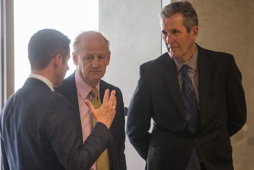 MIKE DEAL / WINNIPEG FREE PRESS John Ralston Saul (centre) talks to Premier Brian Pallister (right) and Winnipeg Mayor Brian Bowman (left) during a roundtable discussion put together by the Institute for Canadian Citizenship for the people who were about to become new Canadians at the Canadian Museum for Human Rights Monday afternoon. 160509 - Monday, May 09, 2016