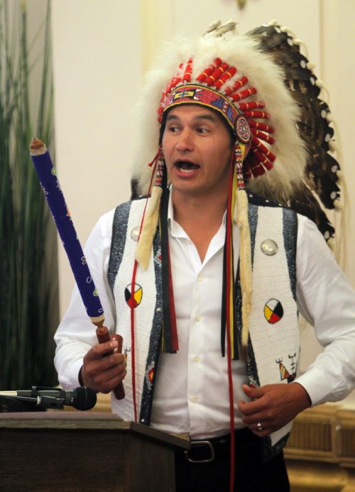 BORIS MINKEVICH / WINNIPEG FREE PRESS NDP MLA oath taking ceremony at the Manitoba Legislature room 200. Wabanakwut (Wab) Kinew. May 9, 2016