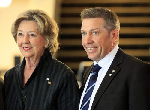 PHIL HOSSACK / WINNIPEG FREE PRESS - Sheldon Kennedy poses with Lt Governonr Janice Filmon Tuesday evening at The Met, prior to a screening and Winnipeg Premiere of a feature-length documentary "Swift Current," which explores the former NHLer's journey. May 10, 2016