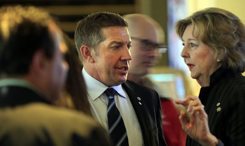 PHIL HOSSACK / WINNIPEG FREE PRESS - Sheldon Kennedy chats with Lt Governonr Janice Filmon Tuesday evening at The Met, prior to a screening and Winnipeg Premiere of a feature-length documentary "Swift Current," which explores the former NHLer's journey. May 10, 2016
