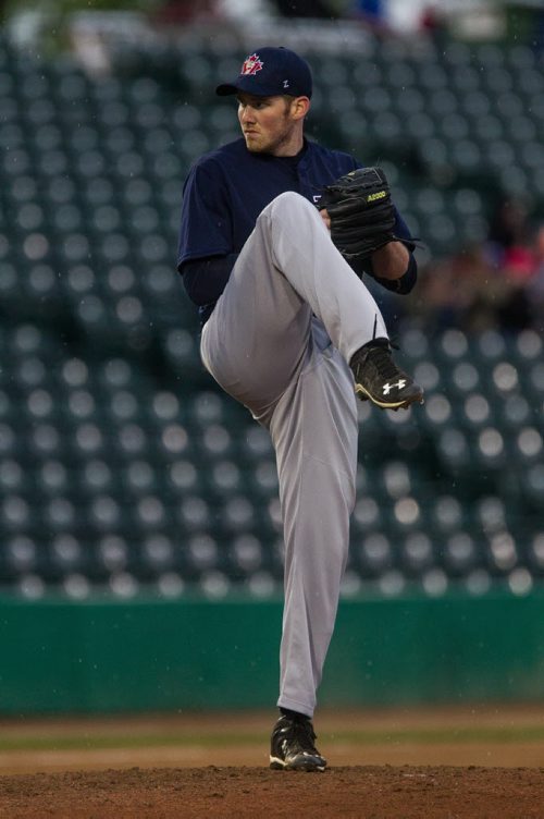 MIKE DEAL / WINNIPEG FREE PRESS Winnipeg Goldeyes' Kevin McGovern (20) pitches in the second inning during the last home exhibition game against Fargo-Moorhead Redhawks Wednesday evening.  160511 - Wednesday, May 11, 2016