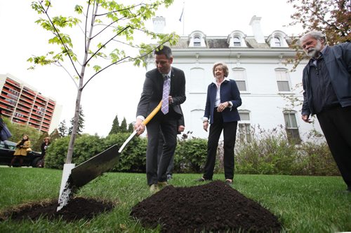 RUTH BONNEVILLE / WINNIPEG FREE PRESS  Living tribute: Lt.-Gov. Janice Filmon and Winnipeg Mayor Brian  Bowman take part planting a first-of-its-kind Manitoba red maple tree at Government House Thursday to recognize award recipients and those who have contributed to the overall quality of life in Manitoba through their volunteerism and other good works. The hardy tree was developed through crossbreeding by Wilbert Ronald of Jeffries Nurseries by combining western maples with bright red eastern maples represented on our national flag.   May 12, , 2016