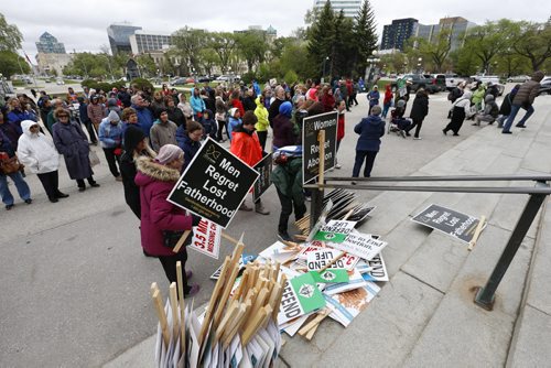 WAYNE GLOWACKI / WINNIPEG FREE PRESS     About 300 people took part in a March for Life through downtown Winnipeg Thursday ending up at the steps of the Legislative Bld. for a rally. The pro-life march organized by the Knights of Columbus was in support of  the annual  Canadas March for Life taking part in Ottawa Thursday. May 12  2016