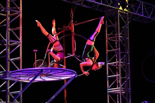 RUTH BONNEVILLE / WINNIPEG FREE PRESS  Acrobatic performers balance themselves on a wheel on the top of an 18-foot, pedal-powered Gantry Crane while performing in the  Cirque Mechanics at WSO Friday night.  The show combines combines acrobats, aerialists, trapeze artists,  contortionists and an 18-foot, pedal-powered Gantry Crane with music by Tchaikovsky, Strauss, Copland, and Ravel at WSO Friday evening.    Cirque Mechanics was founded in 2004 by German wheel artist Chris Lashua and with its innovative mechanical staging and inspiring storytelling.    May 13, , 2016