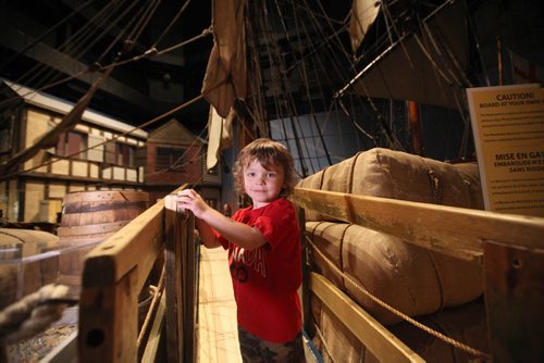 RUTH BONNEVILLE / WINNIPEG FREE PRESS  Sammy Cianflone (41/2) makes his way over the bridge to head onto the Nonsuch boat exhibit at the Manitoba Museum Saturday.  Museum Galleries, Science Gallery and Planetarium shows are free admission all day Saturday, May 14 in celebration of Manitoba's 146th birthday. Standup photo.   May 14, , 2016