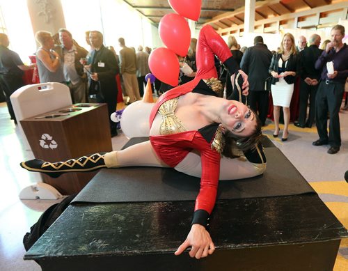 JASON HALSTEAD / WINNIPEG FREE PRESS  Contortionist Samantha Halas performs at the carnival-themed Come One, Come All Gold Heart Gala fundraiser for Variety, the Childrens Charity of Manitoba, at the Club Regent Event Centre on May 7, 2016. (For Social Page)