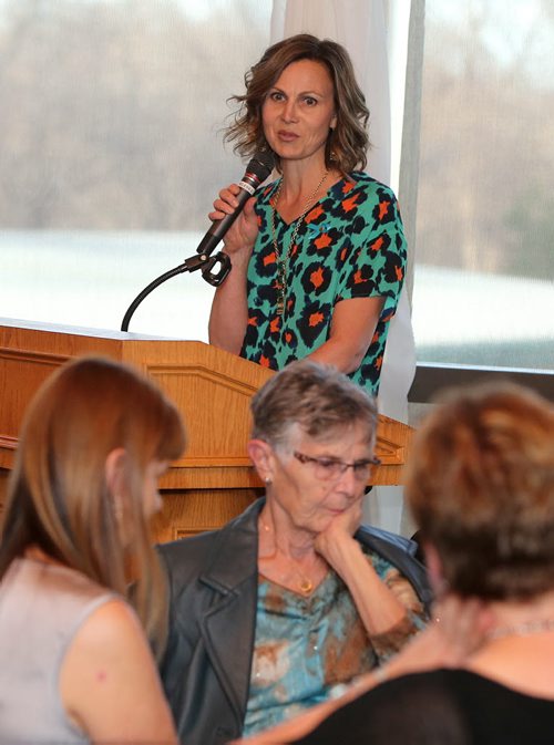 JASON HALSTEAD / WINNIPEG FREE PRESS  Stephanie Gosselin of Ovarian Cancer Canada speaks to the crowd at the fourth annual Hope Springs Into Fashion fundraiser for Ovarian Cancer Canada research at St. Boniface Golf Club on April 28, 2016. (See Social Page)