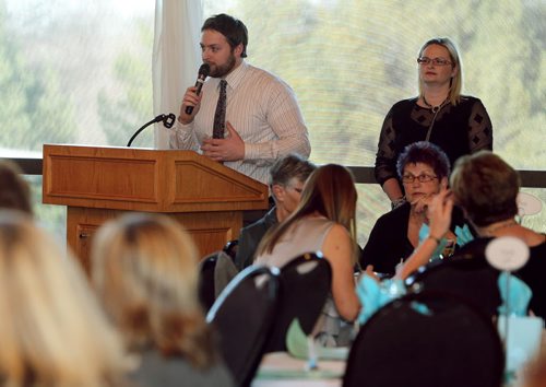 JASON HALSTEAD / WINNIPEG FREE PRESS  Alex Lucy, son of Leslie Malcolmson, who organized the first Hope Springs Into Fashion event, speaks to the crowd at at the fourth annual Hope Springs Into Fashion fundraiser for Ovarian Cancer Canada research at St. Boniface Golf Club on April 28, 2016. (See Social Page)