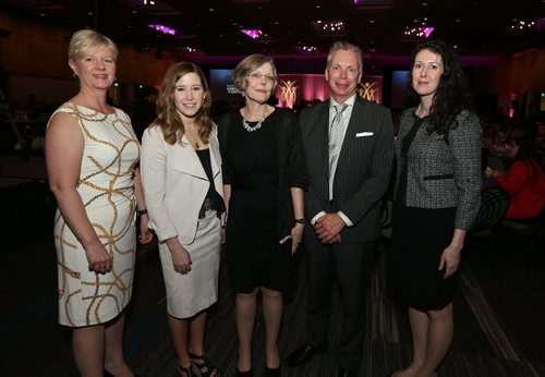JASON HALSTEAD / WINNIPEG FREE PRESS  L-R: Event sponsor representatives Shannon Leppky (Manitoba Public Insurance), Kaitlyn Lawes (Manitoba Liquor and Lotteries), Debra Chiplin (Investors Group), Doug McCartney (Province of Manitoba) and Alison Crozier (Great-West Life Assurance Company) at the YMCA-YWCA Women of Distinction Awards Gala on May 4, 2016 at the RBC Convention Centre Winnipeg. (For Social Page)