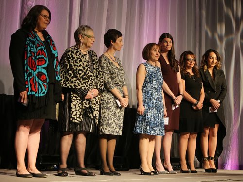 JASON HALSTEAD / WINNIPEG FREE PRESS  Nominees in the arts, culture and heritage, and business, professions and trade categories at the 40th annual YMCA-YWCA Women of Distinction Awards Gala on May 4, 2016 at the RBC Convention Centre Winnipeg, L-R: Arts, culture and heritage nominees Jackie Anderson, Marilyn Gault and Dr. Vanessa Warne; business, professions and trade nominees Ada Ducas, Katie Hall, Nancy Heinrichs and Giovanna Minenna. The awards celebrate the talent, achievements, imagination and innovation of Manitoban women. Proceeds from the gala support programs that positively impact the lives of women, youth and children in Winnipeg. (For Social Page)