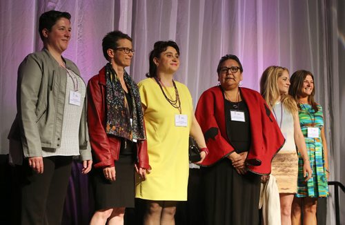 JASON HALSTEAD / WINNIPEG FREE PRESS  Nominees in the education, training and mentorship category at the 40th annual YMCA-YWCA Women of Distinction Awards Gala on May 4, 2016 at the RBC Convention Centre Winnipeg, including (from left) Bethany Beaudry, Carolyn Geddert, Orysya Petryshyn, Helen Robinson-Settee, Megan Turner and Cristen Shipman-Adams. The awards celebrate the talent, achievements, imagination and innovation of Manitoban women. Proceeds from the gala support programs that positively impact the lives of women, youth and children in Winnipeg. (For Social Page)