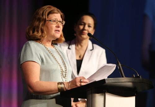 JASON HALSTEAD / WINNIPEG FREE PRESS  YMCA-YWCA board chair Catherine Thiessen (left) and emcee Tina Keeper address the crowd at the 40th annual YMCA-YWCA Women of Distinction Awards Gala on May 4, 2016 at the RBC Convention Centre Winnipeg. The awards celebrate the talent, achievements, imagination and innovation of Manitoban women. Proceeds from the gala support programs that positively impact the lives of women, youth and children in Winnipeg.  (For Social Page)