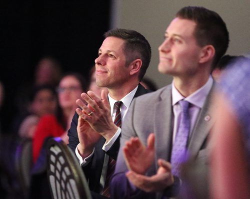 JASON HALSTEAD / WINNIPEG FREE PRESS  Mayor Brian Bowman claps at the 40th annual YMCA-YWCA Women of Distinction Awards Gala on May 4, 2016 at the RBC Convention Centre Winnipeg. (For Social Page)