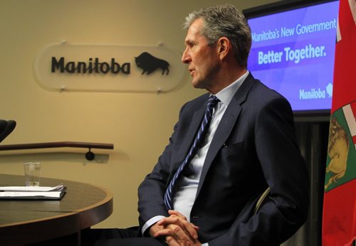BORIS MINKEVICH / WINNIPEG FREE PRESS Premier Brian Pallister talks to the media in room 68. Embargoed press conference before the throne speech. May 16, 2016.