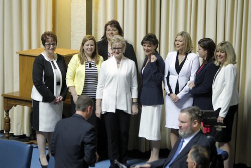 BORIS MINKEVICH / WINNIPEG FREE PRESS Some interactions in the Manitoba Legislature today. Everyone was happy and figuring out where to sit. PC Women get a group photo taken. May 16, 2016.