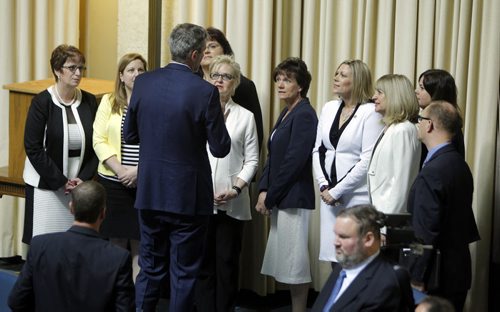 BORIS MINKEVICH / WINNIPEG FREE PRESS Some interactions in the Manitoba Legislature today. Everyone was happy and figuring out where to sit. PC Women talk to Premier Brian Pallister. May 16, 2016.