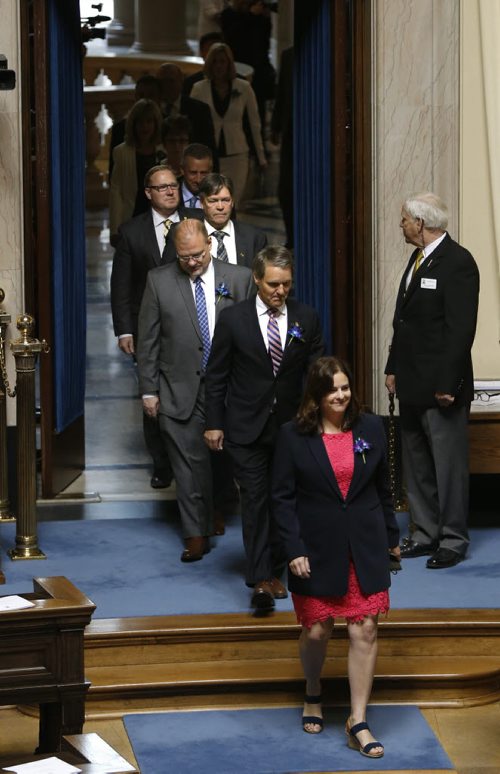 WAYNE GLOWACKI / WINNIPEG FREE PRESS      Heather Stefanson, Minister of Justice and Attorney General leads the PC party into the Manitoba Legislature Monday for the reading of the Throne Speech. ¤Nick Martin / Kristin Annable  stories May 16  2016