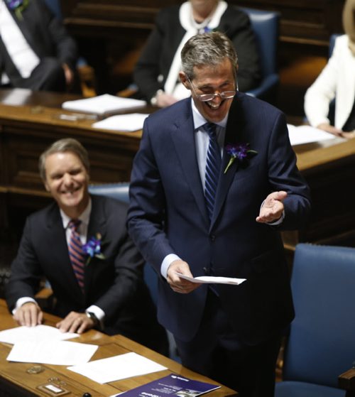 WAYNE GLOWACKI / WINNIPEG FREE PRESS     Premier Brian Pallister speaks in the Manitoba Legislature Monday. Nick Martin / Kristin Annable  stories May 16  2016