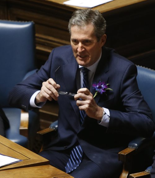 WAYNE GLOWACKI / WINNIPEG FREE PRESS     Premier Brian Pallister prepares to speak in the Manitoba Legislature Monday. Nick Martin / Kristin Annable  stories May 16  2016