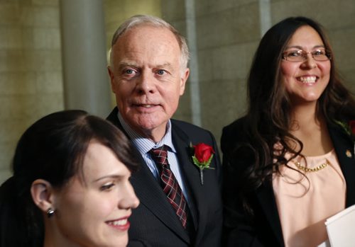WAYNE GLOWACKI / WINNIPEG FREE PRESS Reaction from Manitoba Liberals Jon Gerrard, Judy Klassen at right and Cindy Lamoureux after the reading of the Throne Speech in the Manitoba Legislature Monday. ¤Nick Martin / Kristin Annable stories May 16 2016
