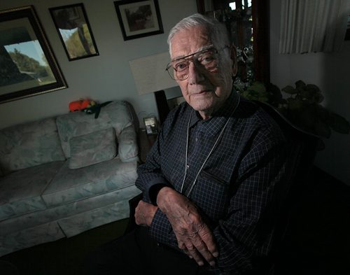 PHIL HOSSACK / WINNIPEG FREE PRESS -  99-year-old Arthur Christensen, reeve and councilor for 21 years in West Saint Paul, posing in his home Monday evening. See Bill Redekop story. May 16, 2016