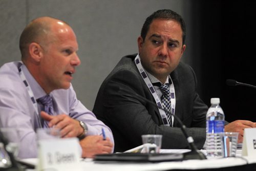 BORIS MINKEVICH / WINNIPEG FREE PRESS SESSION B1 THE RETAIL MARKET IN WINNIPEG: IS IT DOING BETTER THAN YOU THINK? WHAT DO YOU SEE ON THE HORIZON? Right, Michel Avigliano, Vice President, Retail, Hopewell Development listens to, left, Blair Forster, President, Forster Projects Inc. May 17, 2016.