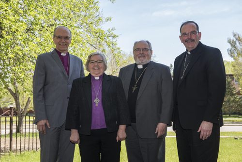 DAVID LIPNOWSKI / WINNIPEG FREE PRESS  (L-R) Bishop Donald Philips, Bishop Elaine Sauer, Archbishop Lawrence Huculak, and Archbishop Albert LeGatt pose for a photo at Ephiphany Lutheran Church Tuesday May 17, 2016. The Winnipeg Bishops from various denominations (Lutheran, Anglican, Catholic, Orthodox) get together to discuss common concerns over lunch.