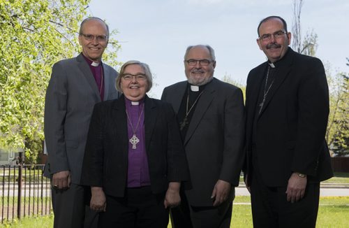 DAVID LIPNOWSKI / WINNIPEG FREE PRESS  (L-R) Bishop Donald Philips, Bishop Elaine Sauer, Archbishop Lawrence Huculak, and Archbishop Albert LeGatt pose for a photo at Ephiphany Lutheran Church Tuesday May 17, 2016. The Winnipeg Bishops from various denominations (Lutheran, Anglican, Catholic, Orthodox) get together to discuss common concerns over lunch.