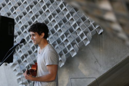 JOHN WOODS / WINNIPEG FREE PRESS Justin performs at Caravan, an open mic event at Old Market Square, Monday, May 16, 2016.