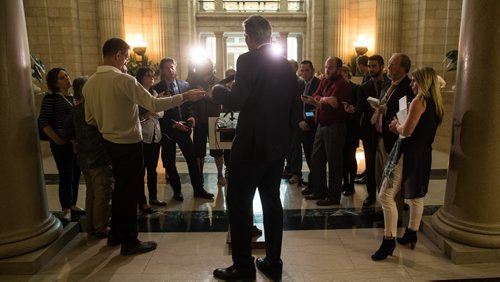MIKE DEAL / WINNIPEG FREE PRESS Premier Brian Pallister talks to the media after the first Question Period of the 41st sitting of the Legislature of the Province of Manitoba. 160517 - Tuesday, May 17, 2016