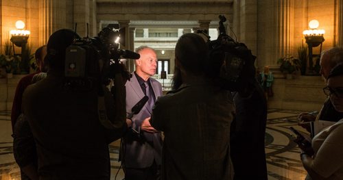 MIKE DEAL / WINNIPEG FREE PRESS Jon Gerrard Liberal MLA for River Heights talks to the media after the first Question Period of the 41st sitting of the Legislature of the Province of Manitoba. 160517 - Tuesday, May 17, 2016