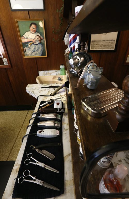 WAYNE GLOWACKI / WINNIPEG FREE PRESS    49.8   Vintage tools of the trade in Walter Spooner's Waltz On In Barber Shop on Sherbrook St. Melissa Martin story May 18  2016