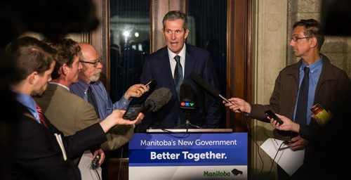 MIKE DEAL / WINNIPEG FREE PRESS Premier Brian Pallister talks to the media after Question Period. 160518 - Wednesday, May 18, 2016