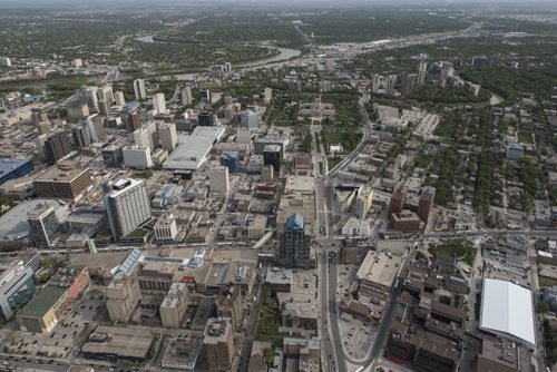 DAVID LIPNOWSKI / WINNIPEG FREE PRESS  Downtown Winnipeg  Aerial photography over Winnipeg May 18, 2016 shot from STARS helicopter.