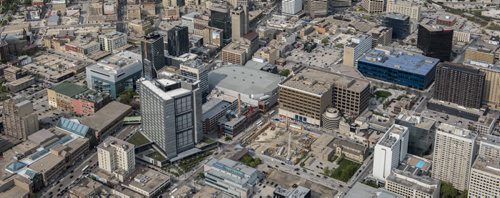 DAVID LIPNOWSKI / WINNIPEG FREE PRESS  Downtown Winnipeg, including True North Square construction site. Aerial photography over Winnipeg May 18, 2016 shot from STARS helicopter.